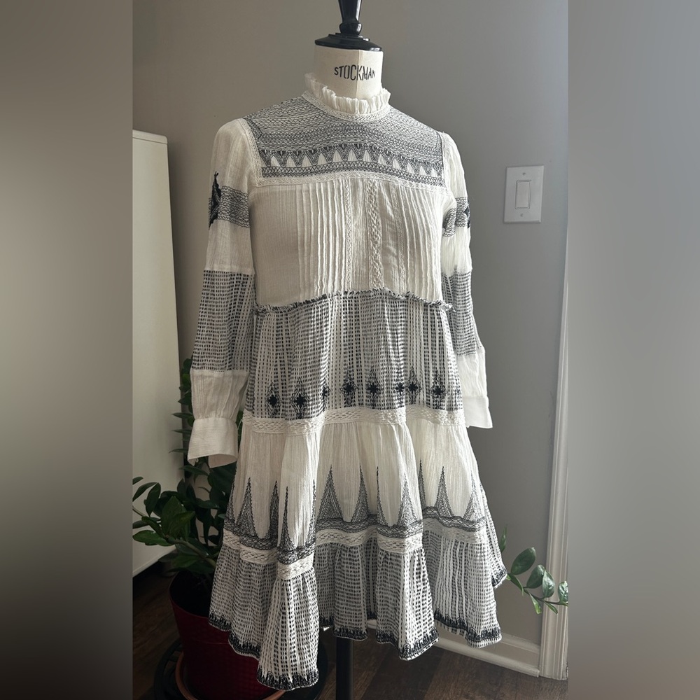 Zara Embroidered Ethno White and Black Long Sleeve Mini Dress COTTON XS
